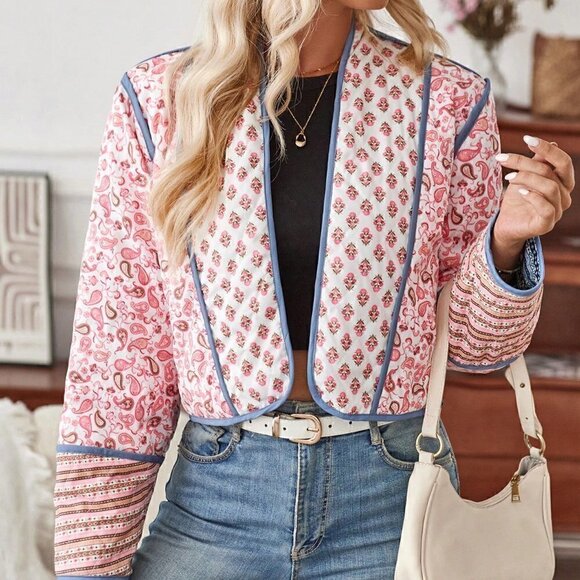 Multicolor Preppy Womens Floral Print Reversible Open Front Winter Coat - Picture 1 of 5